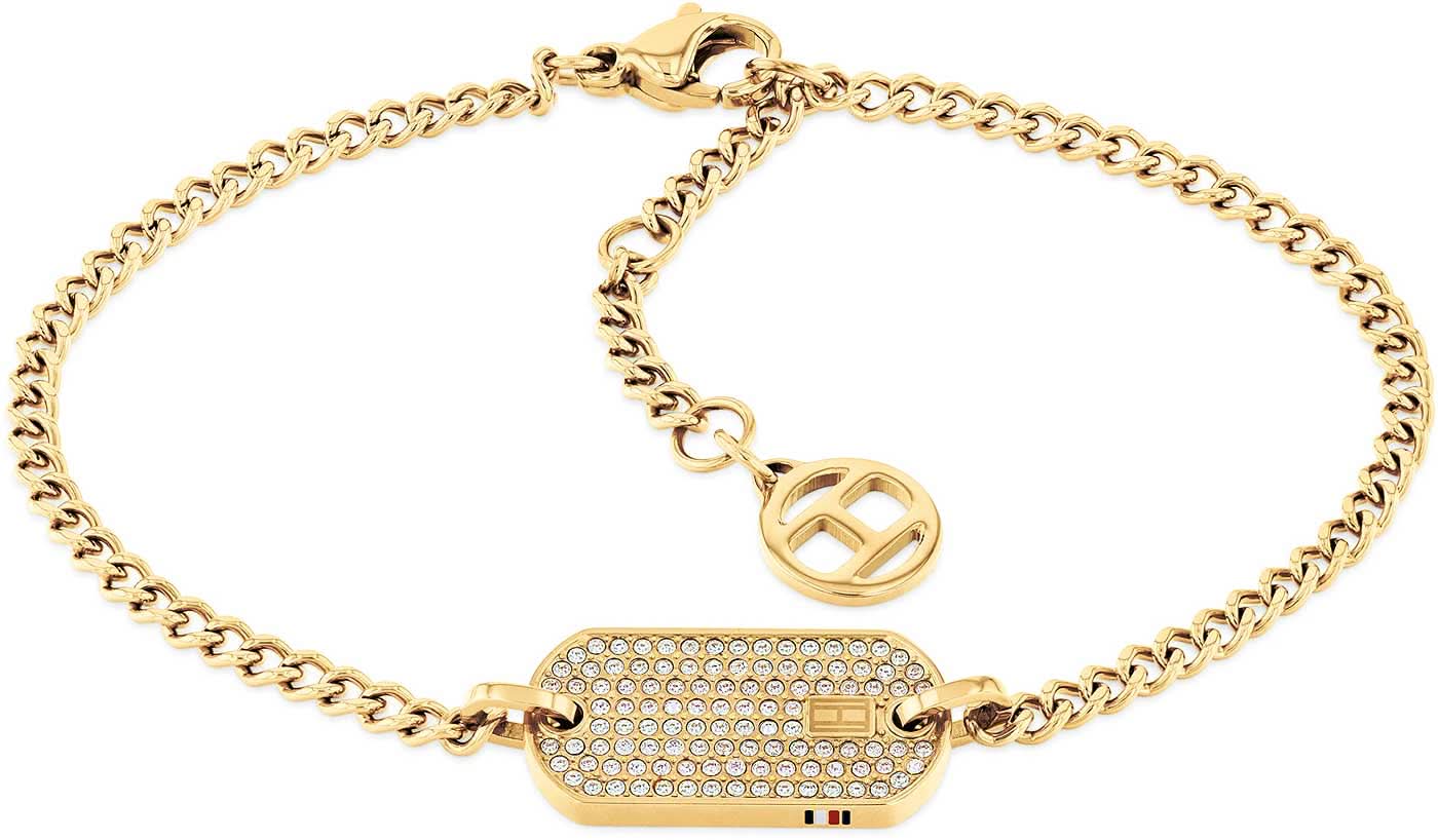 Panzerkette mit Dog Tag Anhänger von Tommy Hilfiger, goldfarben, rechteckig mit Strassbesatz