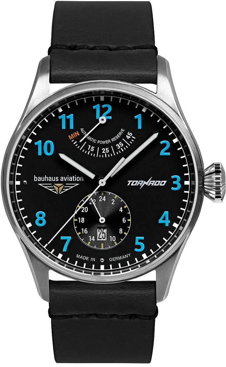 Bracelet de montre pour homme avec cadran noir, index bleus et bracelet en cuir noir