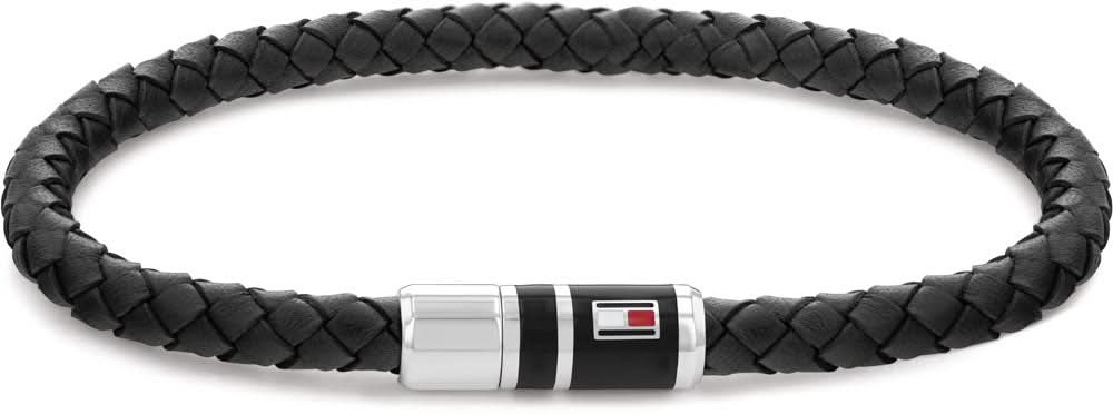 Geflochtenes schwarzes Lederarmband mit silberner Verschlussplatte und Tommy-Hilfiger-Logo