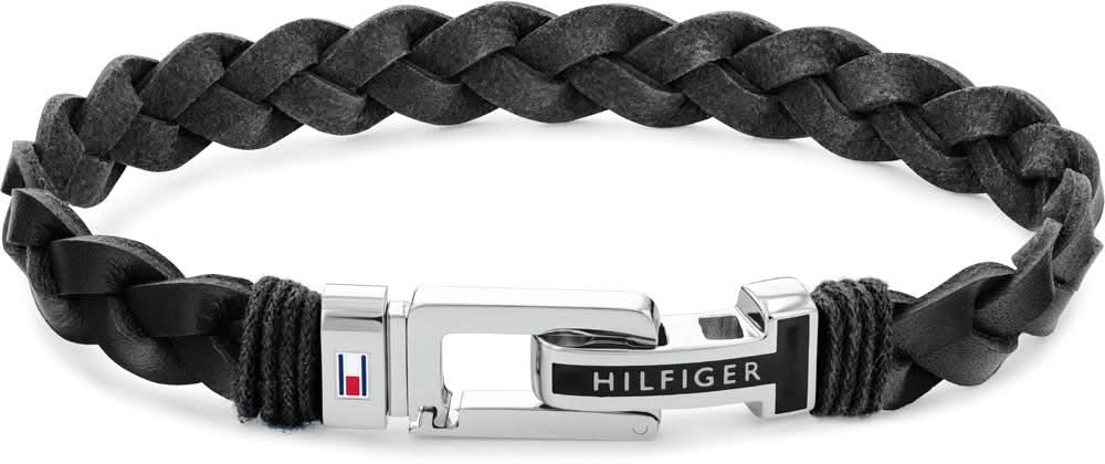 Bracelet en cuir tressé noir avec fermoir métallique et logo Tommy Hilfiger gravé