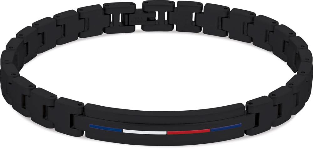 Bracelet gourmette noir en acier inoxydable avec rayures colorées et logo Tommy Hilfiger