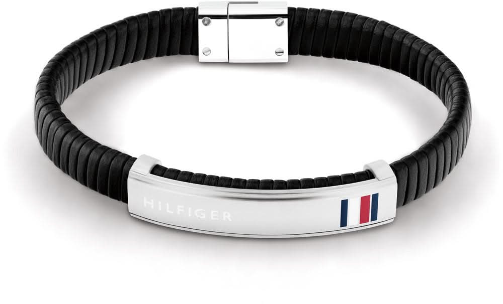 Bracelet en cuir noir avec fermoir argenté et logo Tommy Hilfiger gravé