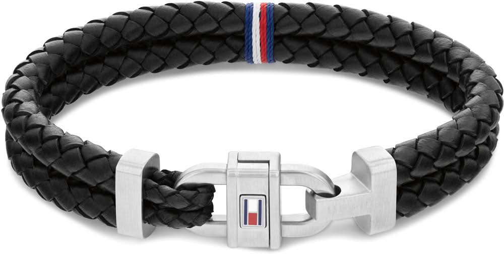 Tommy Hilfiger Lederarmband, geflochtenes schwarzes Leder, mit Metallverschluss und Logo-Streifen