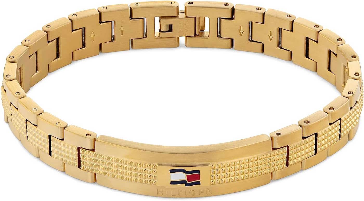 Gliederarmband aus Edelstahl mit goldfarbenen Gliedern, Logo und Flaggenanhänger
