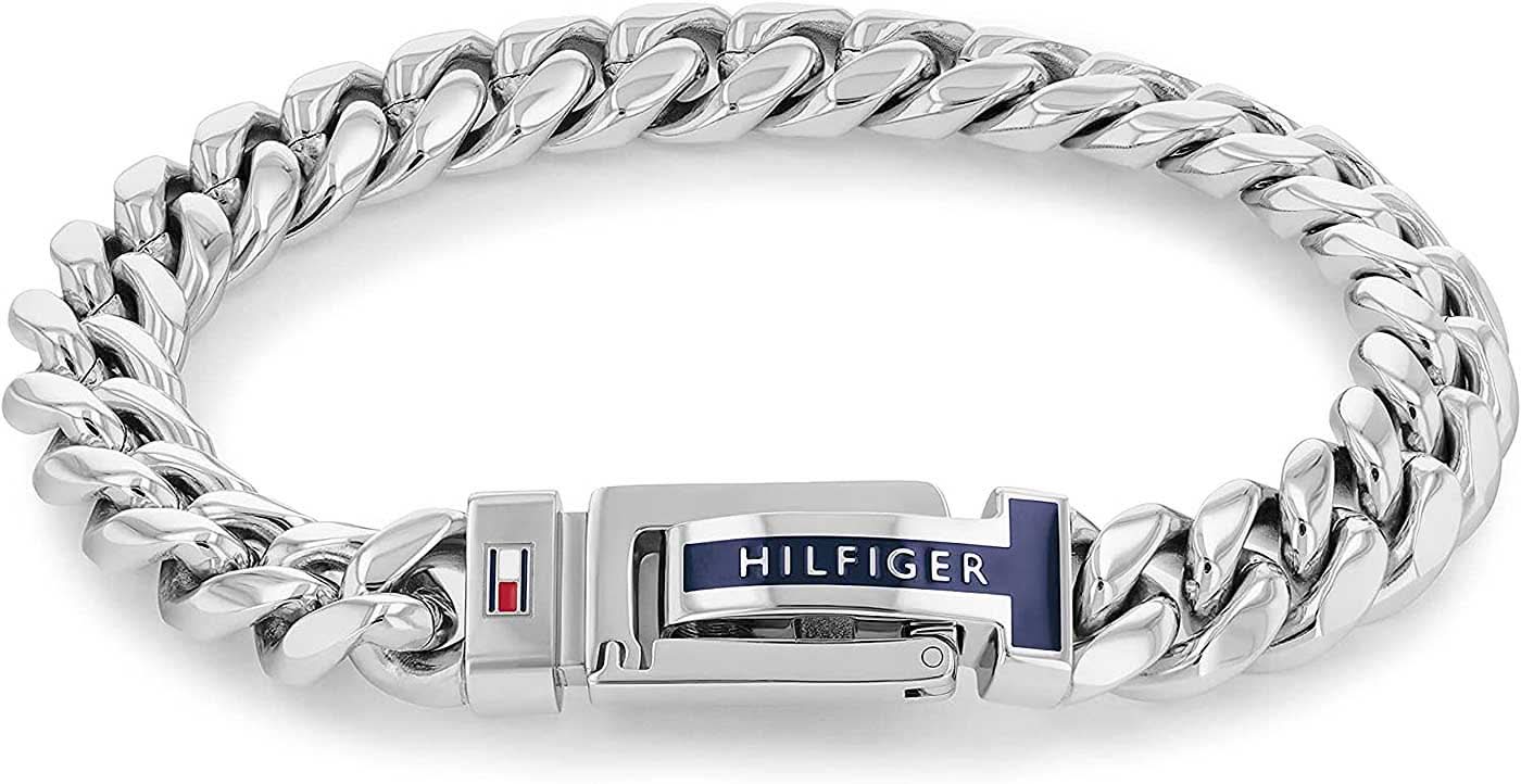 Bracelet en acier inoxydable avec maillons de type gourmette et fermoir rectangulaire avec logo Hilfiger