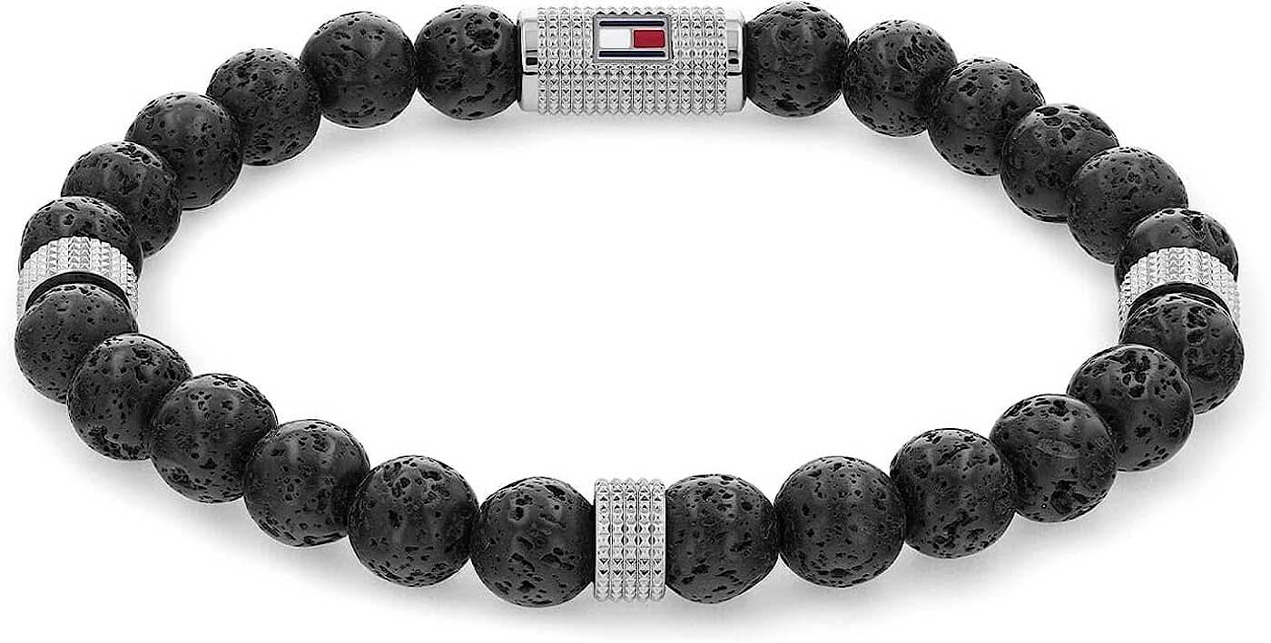 Perlenarmband aus Lavasteinen für Herren Tommy Hilfiger, schwarze Steinperlen, silberner Mittelteil