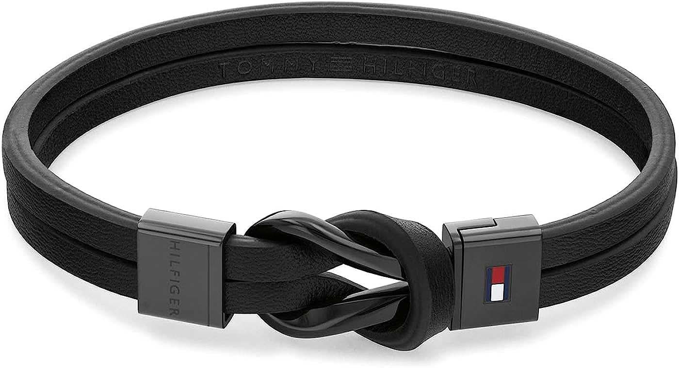 Bracelet Tommy Hilfiger en cuir : cuir noir, fermoir à clip nœud, fermoir métallique