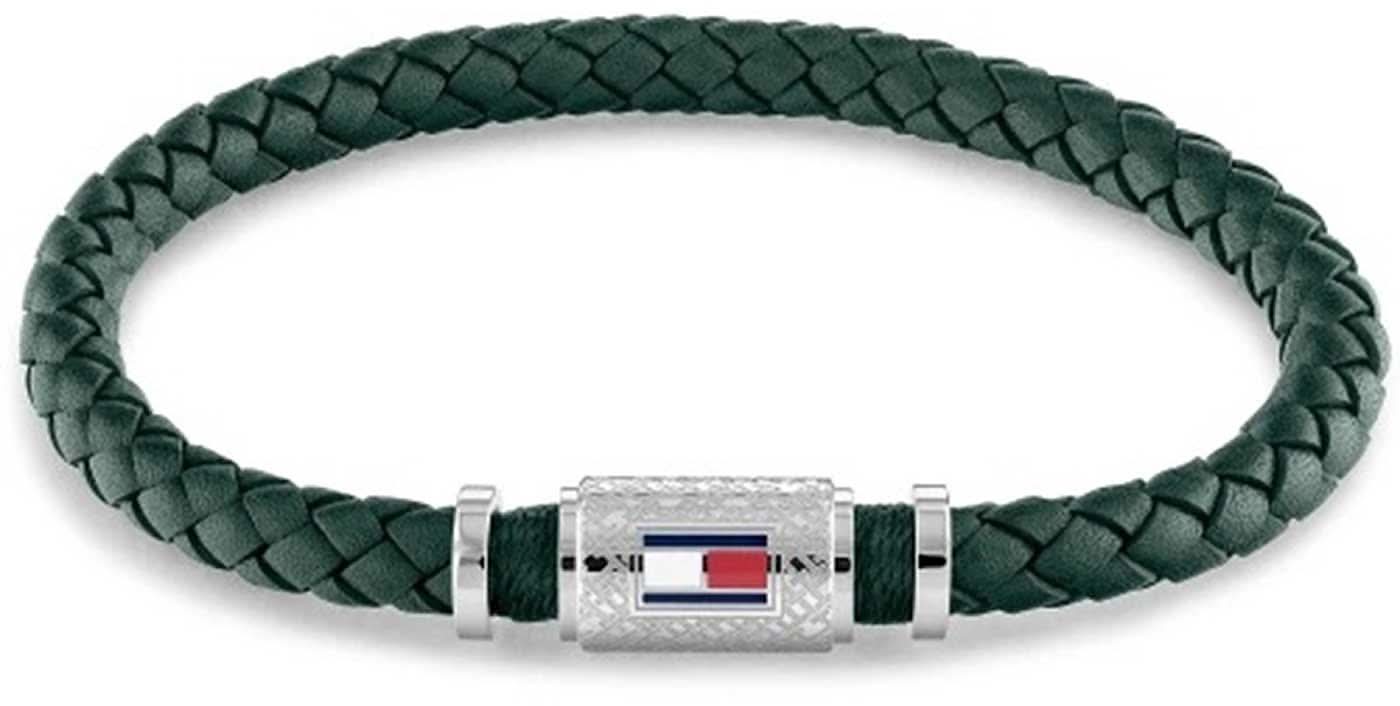 Tommy Hilfiger geflochtenes Lederarmband, grünes Band mit silbernem Mittelverschluss