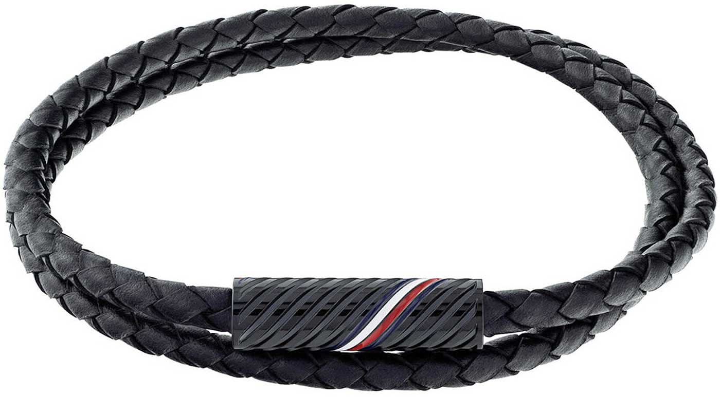 Bracelet Tommy Hilfiger en cuir tressé, noir, tresse torsadée avec fermoir magnétique