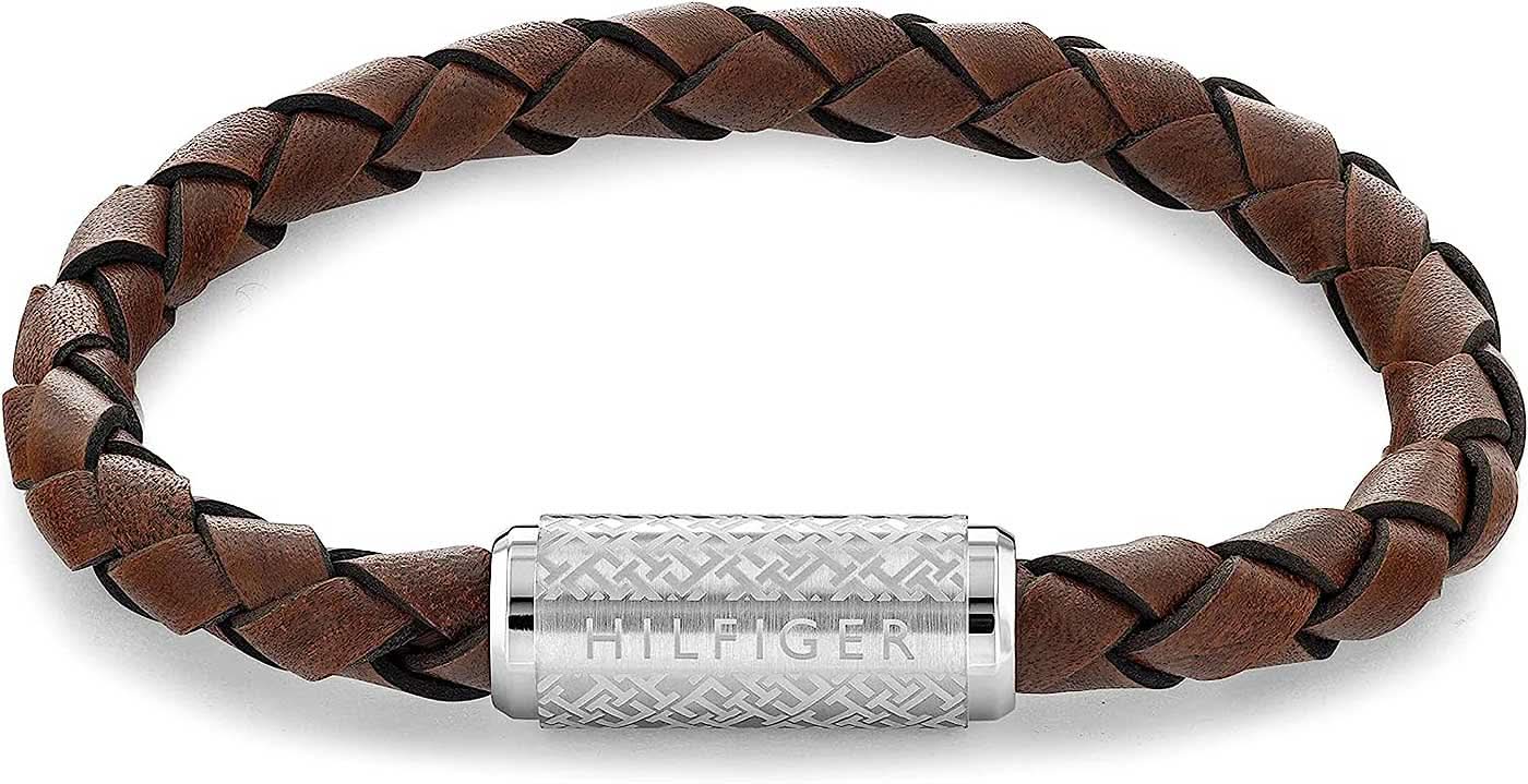 Geflochtenes Lederarmband in dunkelbraun mit silbernem Mittelstück und Gravur
