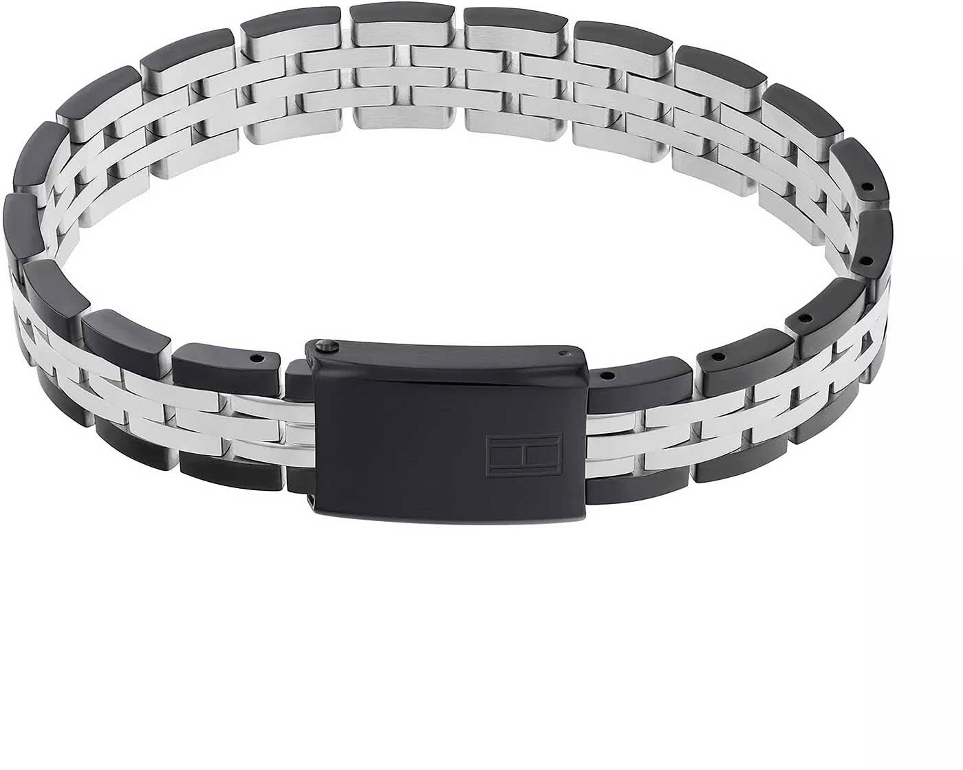 Gliederarmband aus Edelstahl mit silbernen Gliedern und schwarzem Klappverschluss