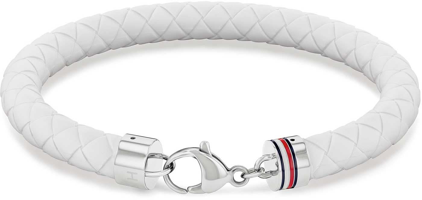 Bracelet Tommy Hilfiger tressé en silicone, blanc tressé, fermoir argenté à rayures colorées