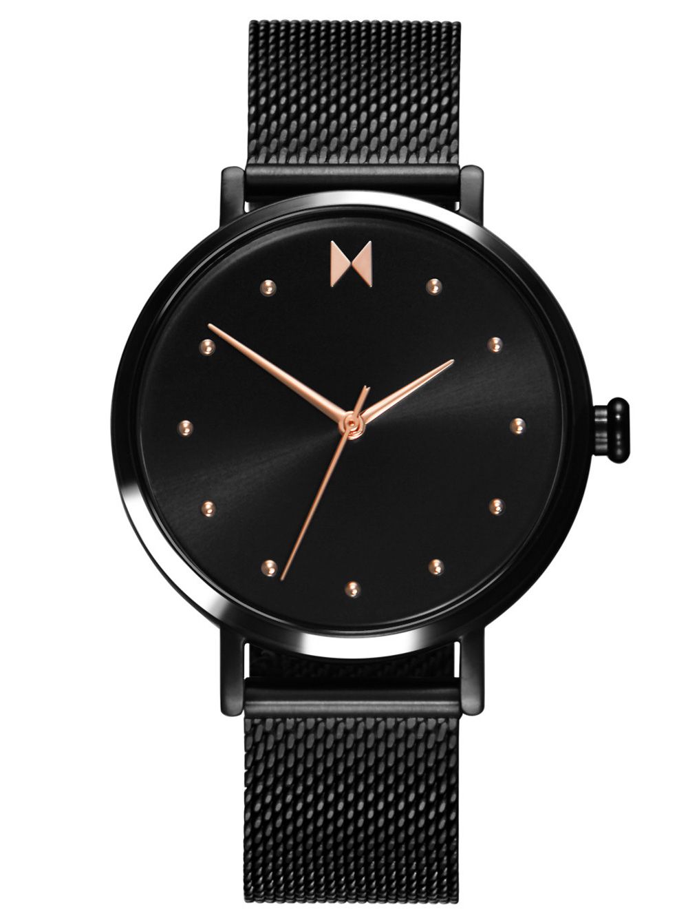 Schwarze Damenarmbanduhr mit rundem Zifferblatt, roségoldenen Zeigern und Metallarmband