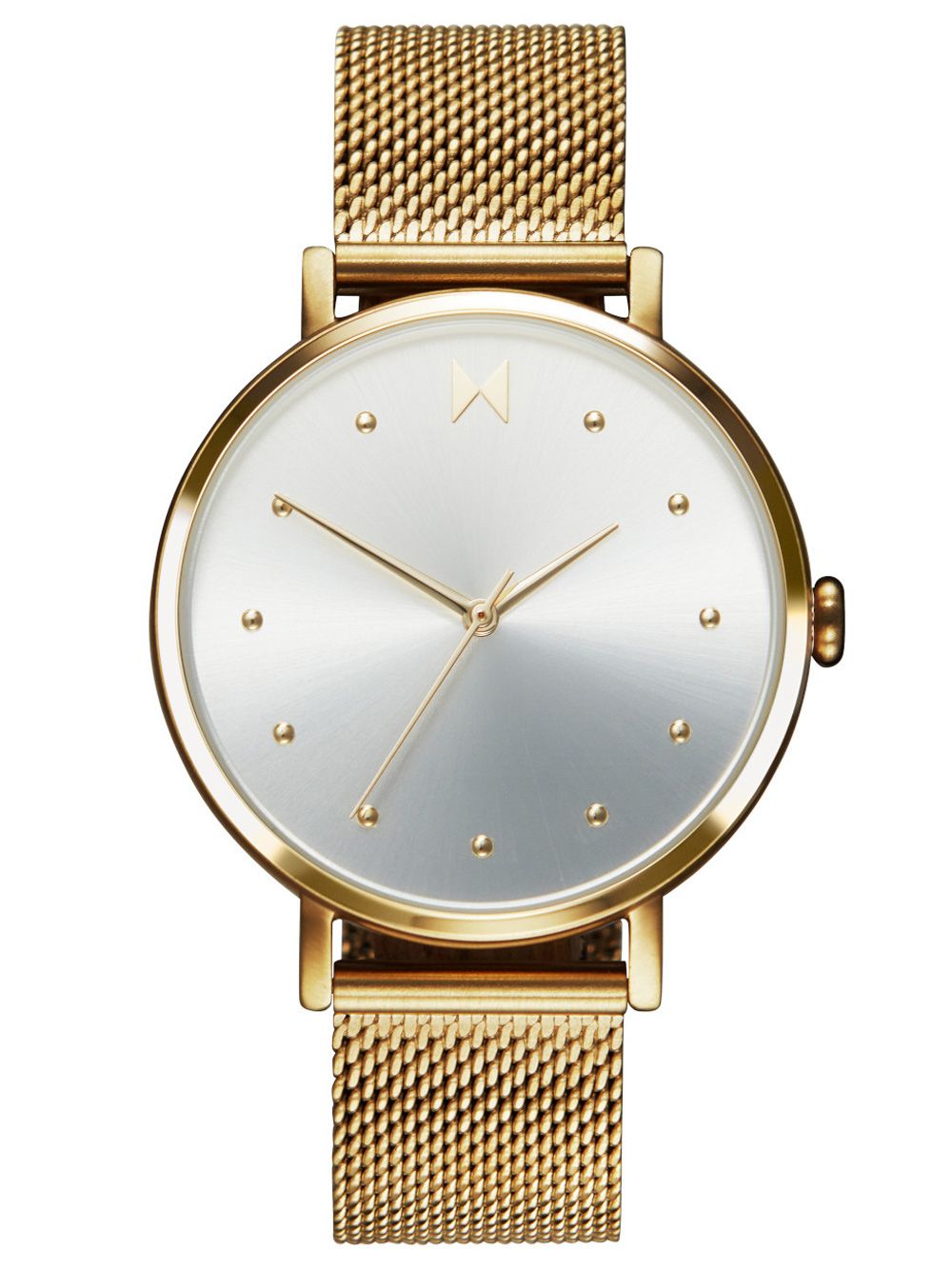 Damenuhr mit goldenem Milanaise-Armband und weißem Zifferblatt, runden Indexen