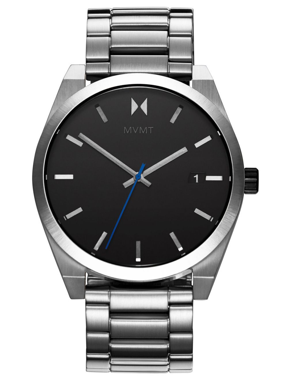 MVMT Element Herrenuhr mit silbernem Edelstahlarmband, schwarzem Zifferblatt und Datum