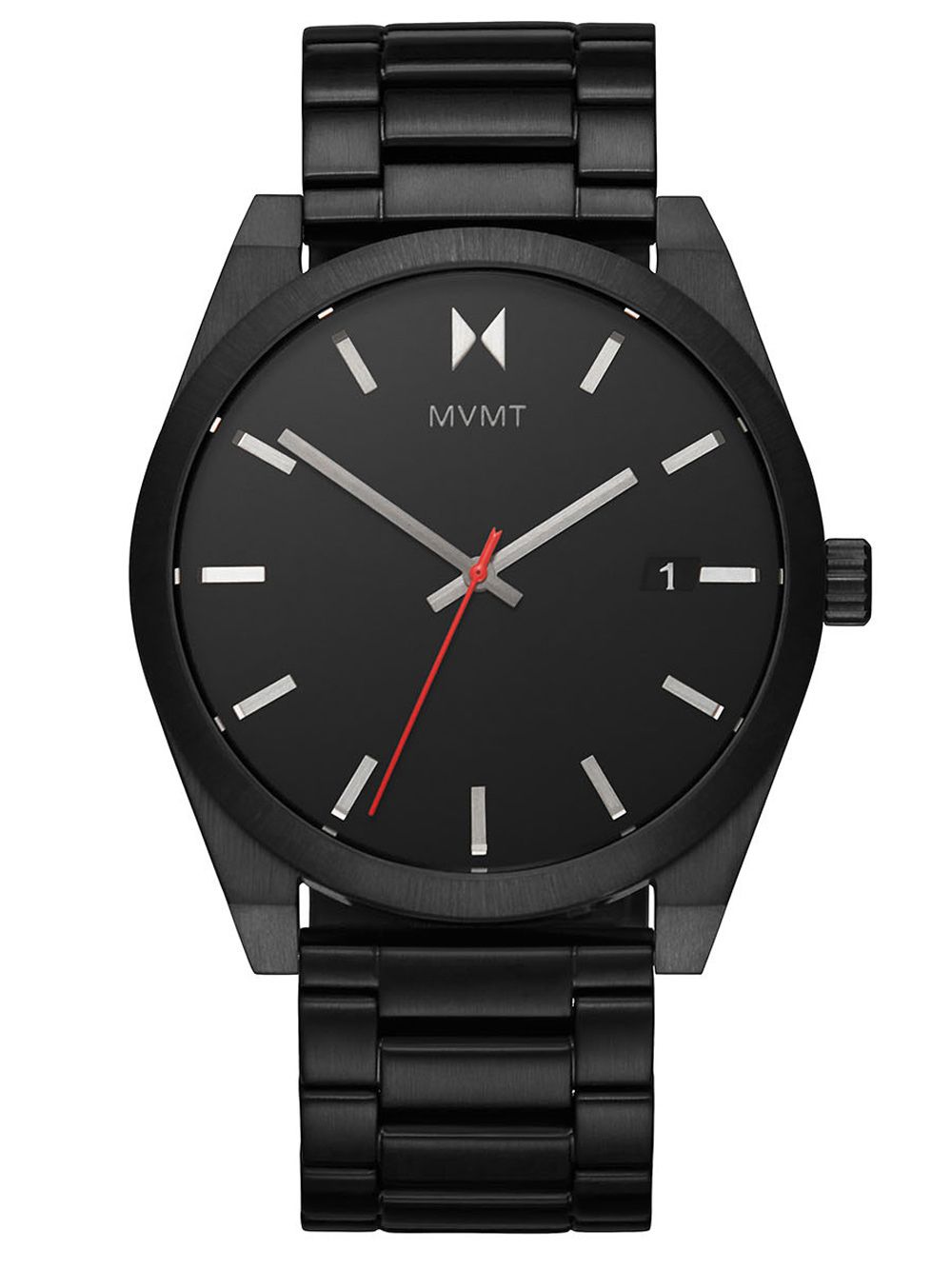 MVMT Herrenuhr: schwarzes Metallarmband, schwarzes Zifferblatt, Mineralglas