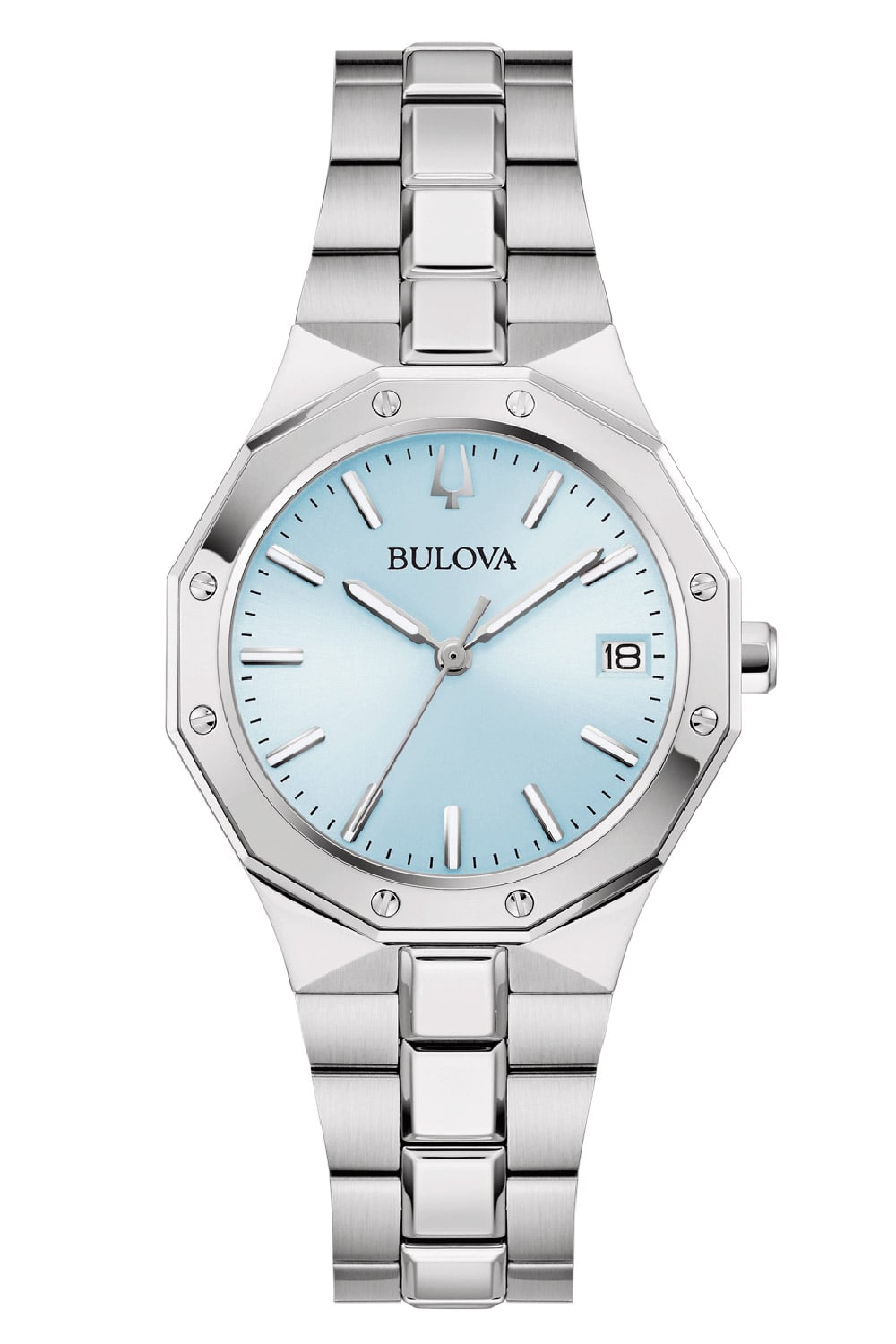 Damenarmbanduhr Bulova mit hellblauem Zifferblatt, Edelstahlband und Saphirglas
