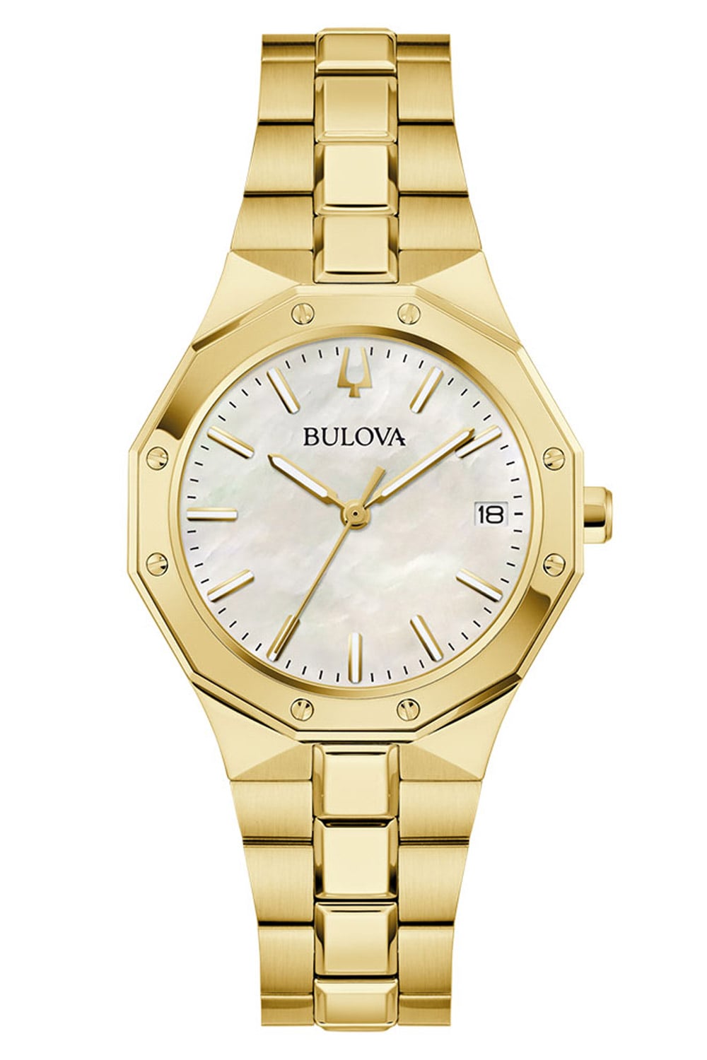 Bulova Damenuhr mit goldfarbenem Armband, weißem Zifferblatt und Datumsanzeige