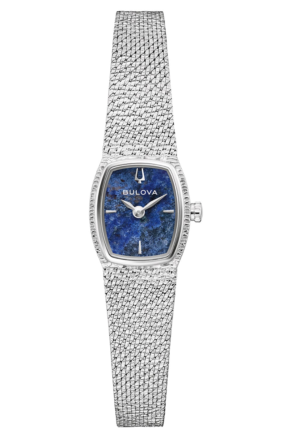 Damenuhr von Bulova mit blauem Zifferblatt, silbernem Mesharmband und rechteckigem Gehäuse