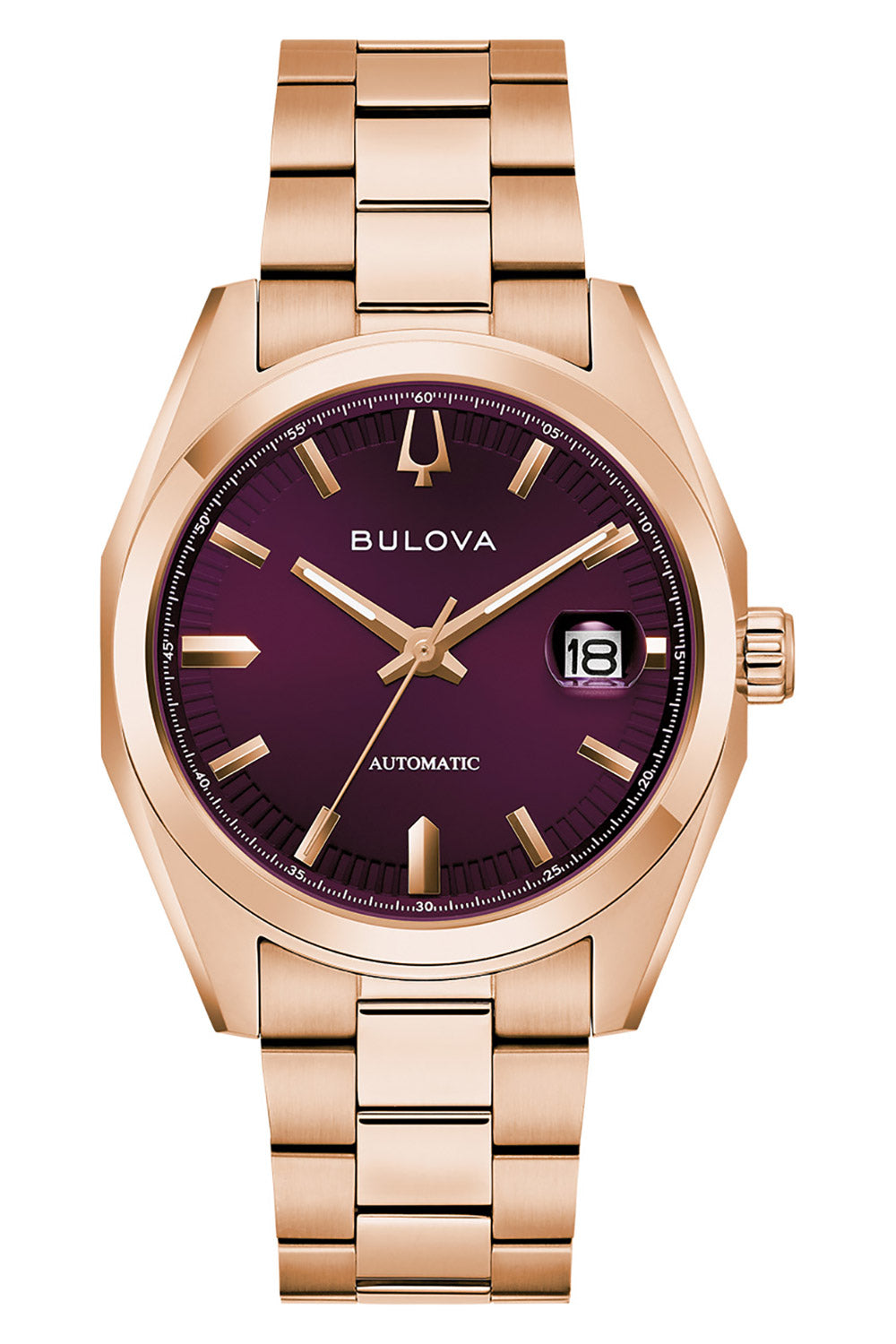 Bulova Herren-Automatik-Armbanduhr mit roségoldener Edelstahlkette, violettem Zifferblatt