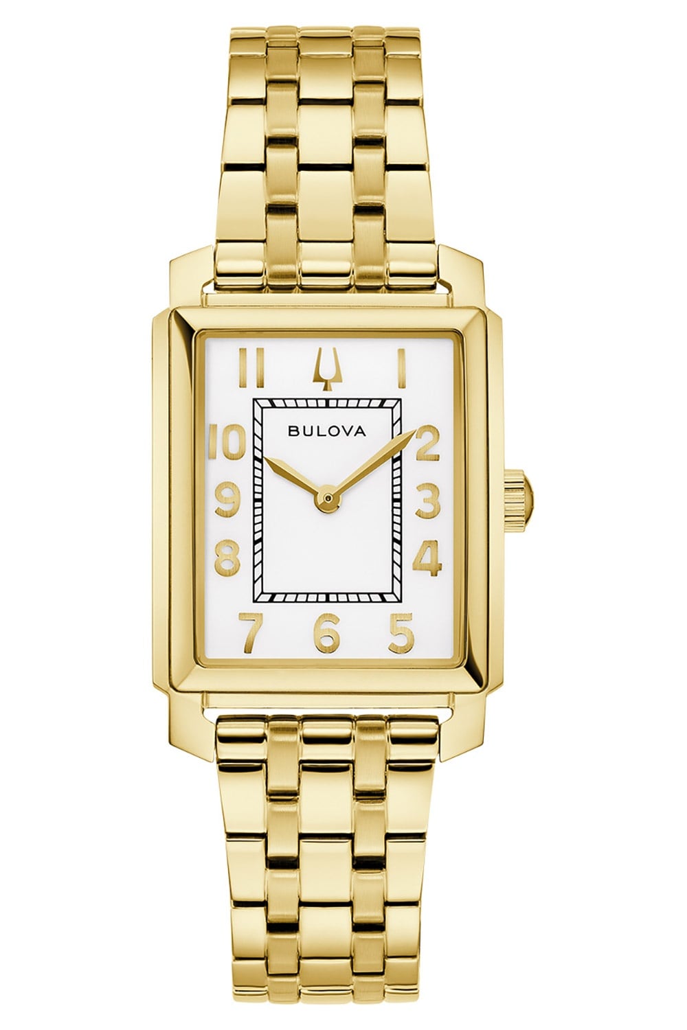Bulova Damenarmbanduhr mit weißem Zifferblatt und goldfarbenem Metallarmband