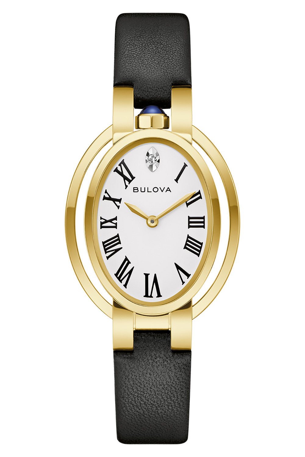 Damenarmbanduhr von Bulova mit schwarzem Lederband, goldenem Gehäuse und weißem Zifferblatt