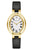 Damenarmbanduhr von Bulova mit schwarzem Lederband, goldenem Gehäuse und weißem Zifferblatt
