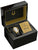 Damenarmbanduhr von Bulova im offenen Geschenkset mit schwarzem Lederband und goldenem Zifferblatt