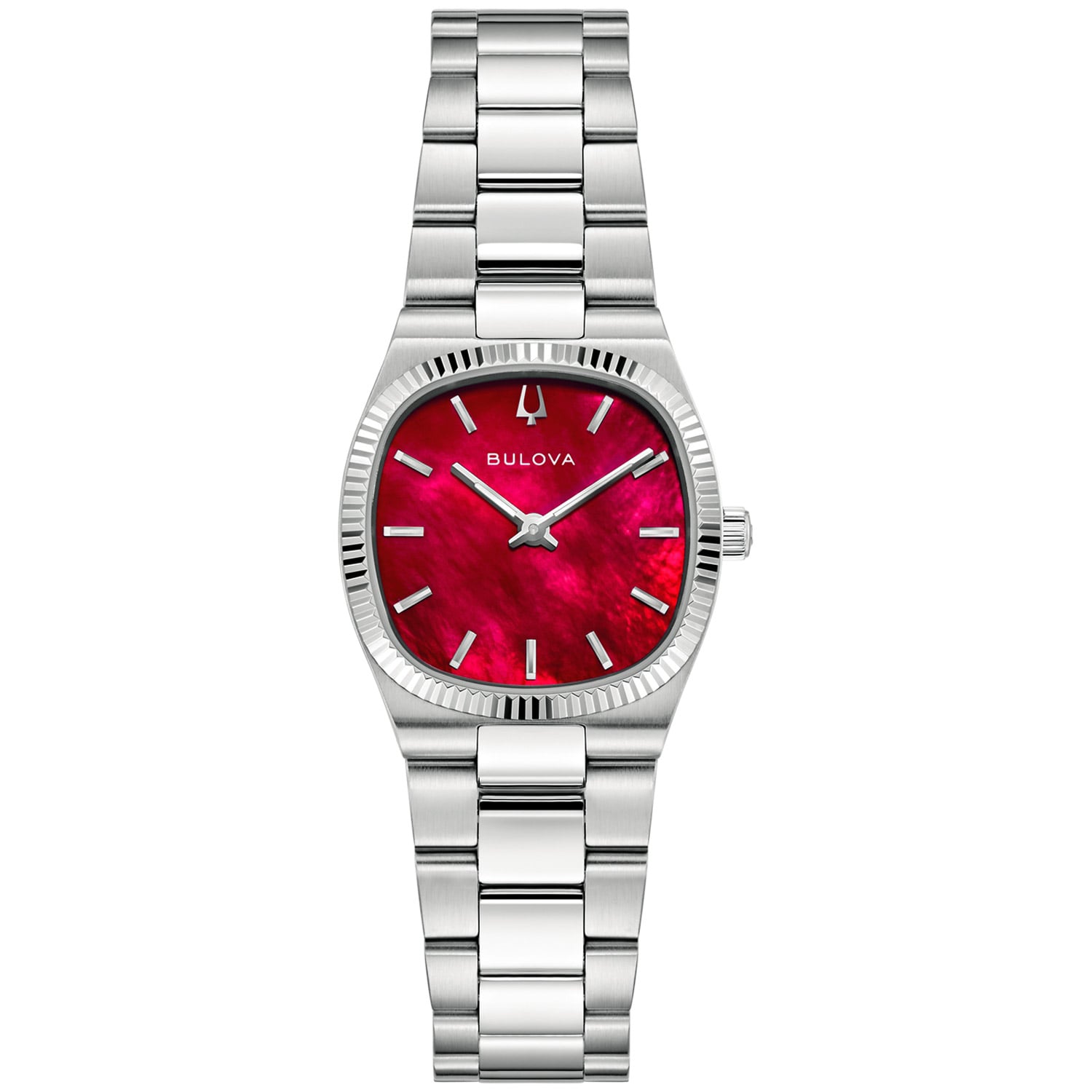 Bulova Damenarmbanduhr mit rotem Zifferblatt und silbernem Metallarmband, runde Lünette