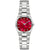 Bulova Damenarmbanduhr mit rotem Zifferblatt und silbernem Metallarmband, runde Lünette