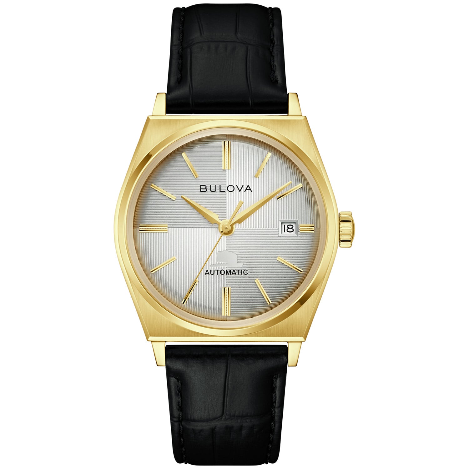 Automatik-Herrenuhr mit silbernem Zifferblatt, schwarzem Lederarmband und Datumsanzeige