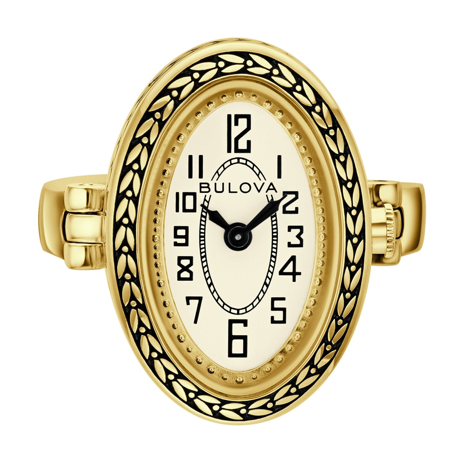 Ovale Damenarmbanduhr mit goldfarbenem Gliederarmband, Elfenbein-Zifferblatt und Ornamentrahmen