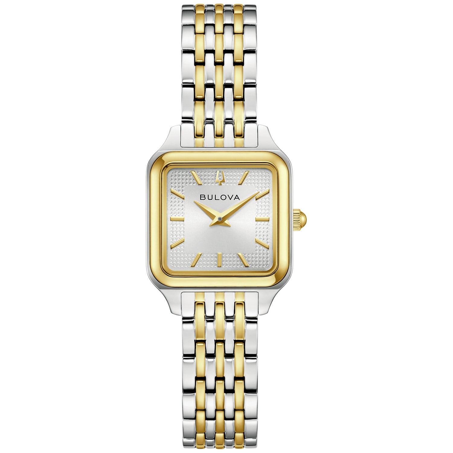 Bulova Damenuhr mit rechteckigem Gehäuse, zweifarbigem Metallband und weißem Zifferblatt
