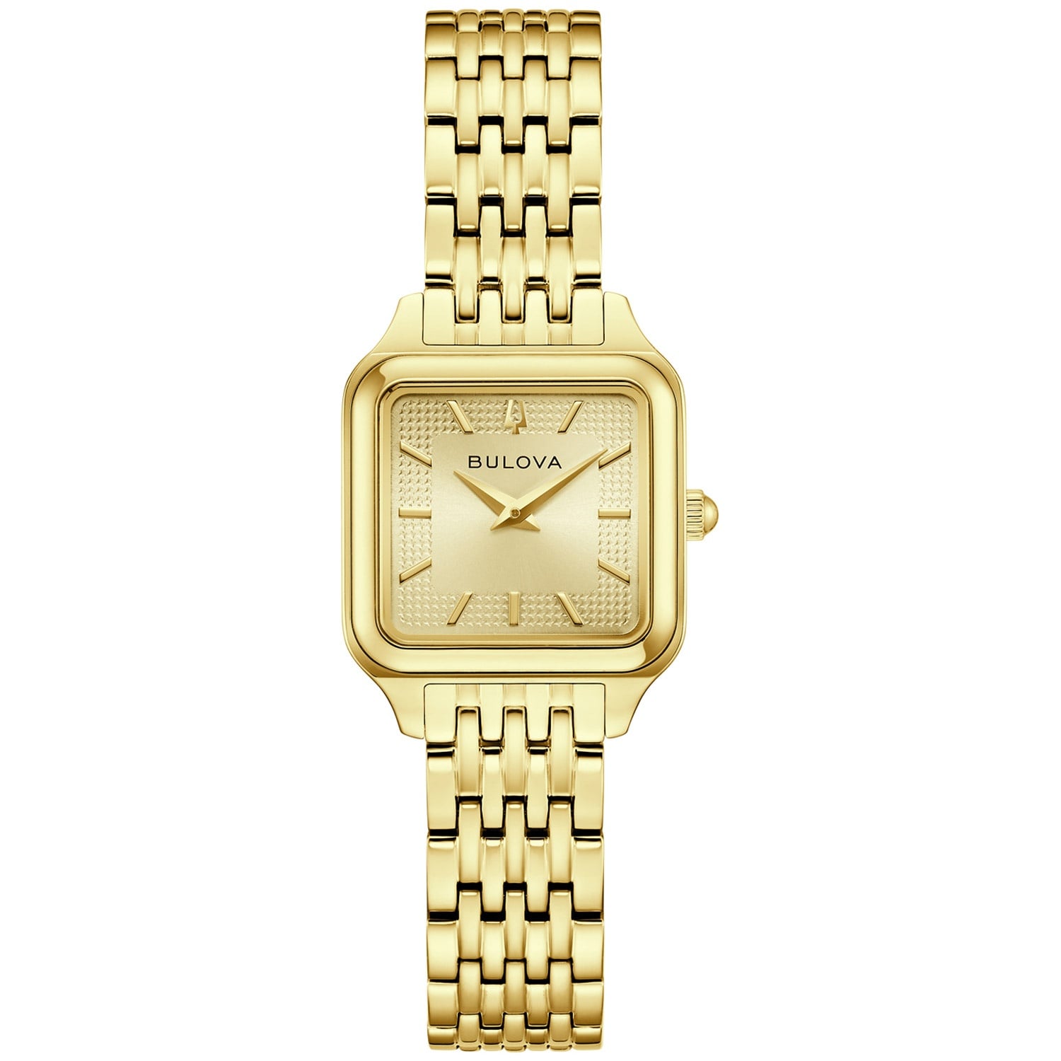 Bulova Damenuhr mit quadratischem Champagner-Zifferblatt und Edelstahl-Gliederarmband