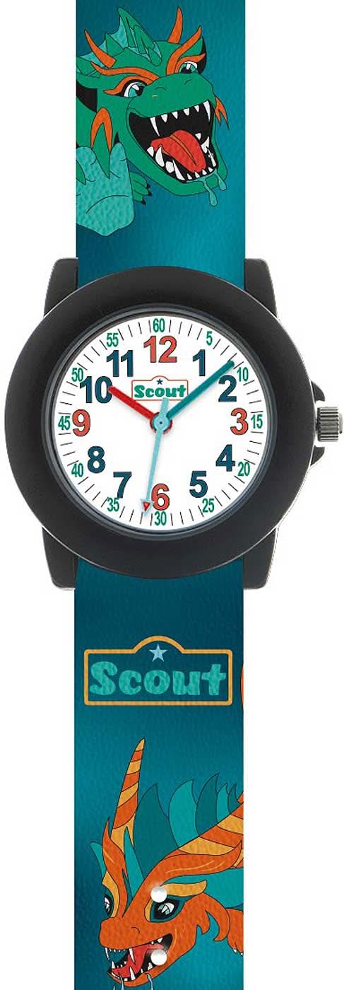 Montre éducative pour enfants avec cadran rond et motif de dragon coloré, bracelet noir