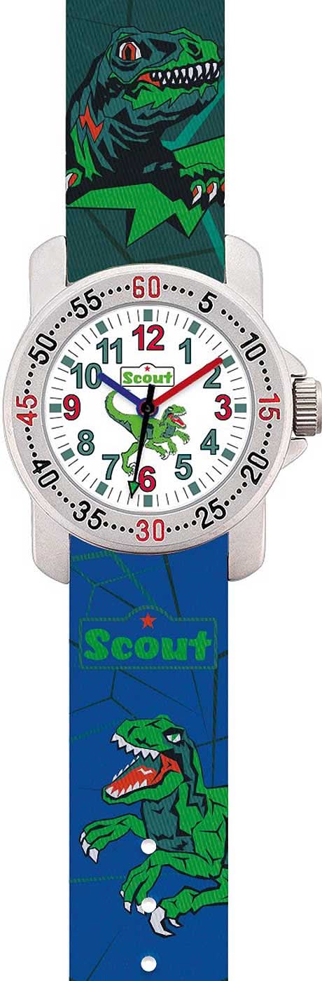 Bracelet pour garçon avec motif dinosaure, cadran blanc et bracelet bleu