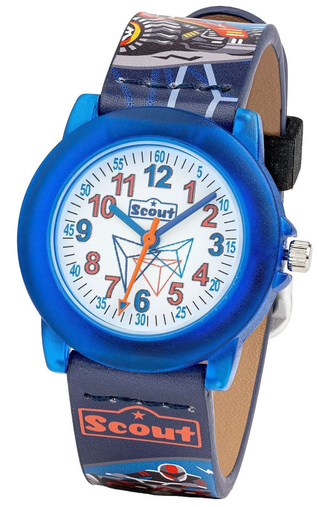 Montre homme avec cadran bleu, aiguilles orange et bracelet bleu à motif