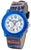 Montre homme avec cadran bleu, aiguilles orange et bracelet bleu à motif