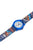 Montre homme de côté : cadran bleu, aiguilles orange, bracelet large à motif