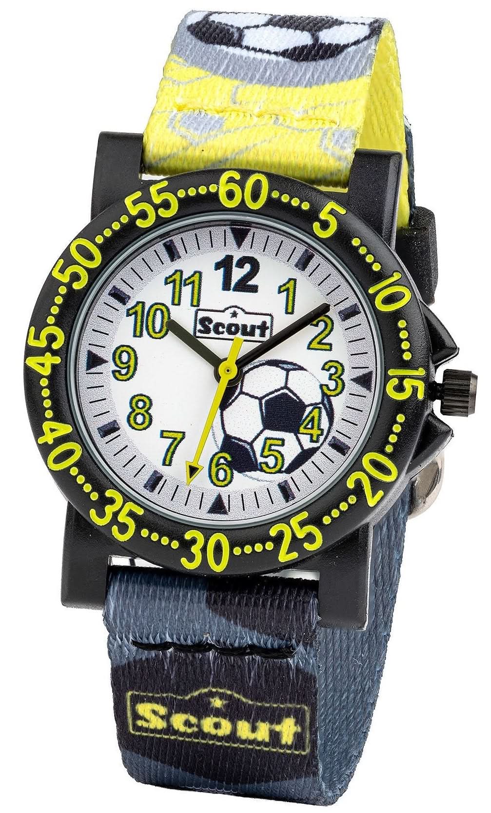 Montre pour homme avec cadran jaune et bracelet en cuir gris foncé avec imprimé football