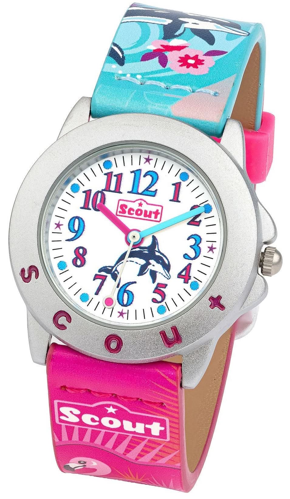 Bracelet de montre pour homme avec boîtier argenté, cadran bleu et bracelet rose à motif