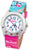 Bracelet de montre pour homme avec boîtier argenté, cadran bleu et bracelet rose à motif