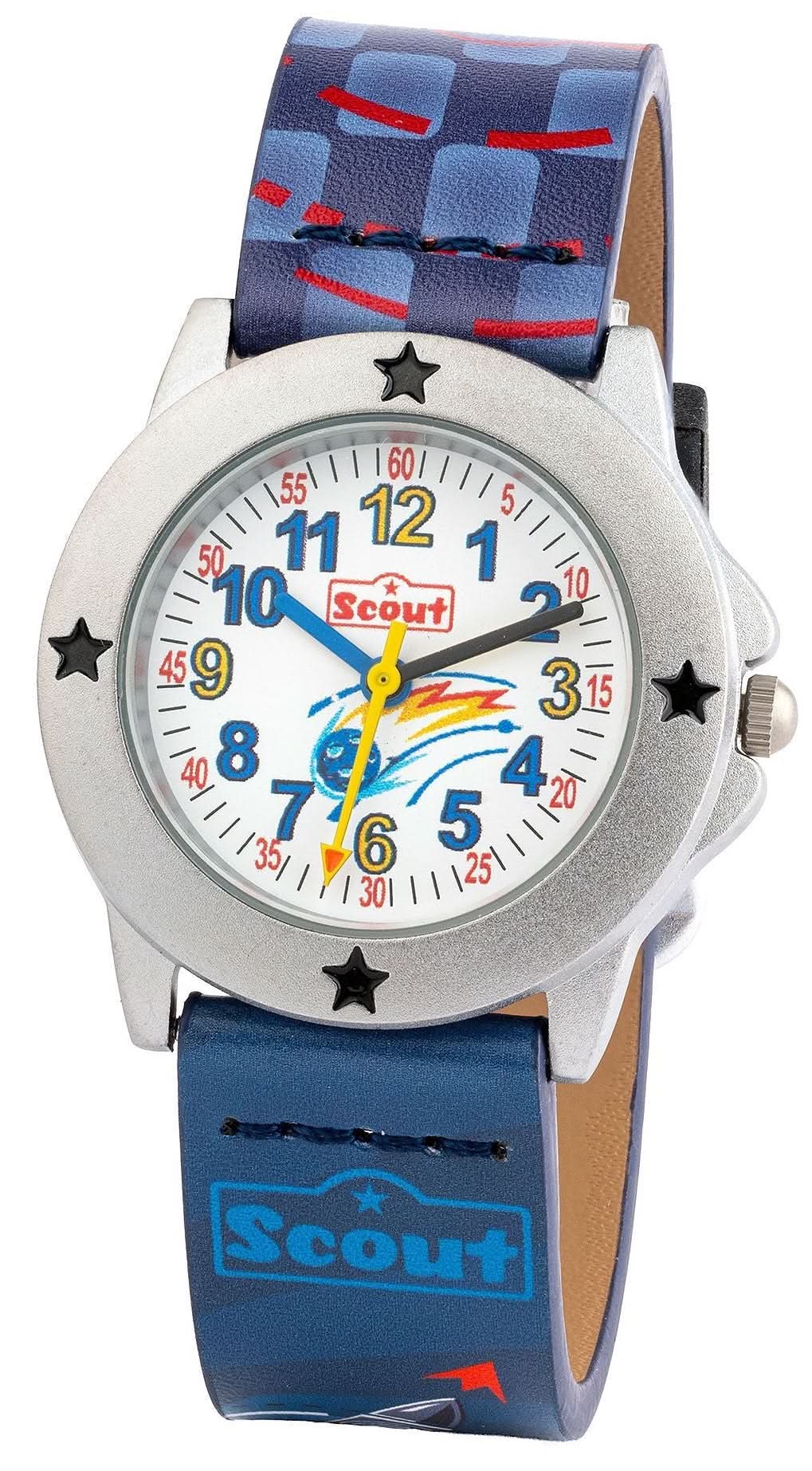 Montre enfant avec bracelet spatial bleu, boîtier argenté et cadran étoiles
