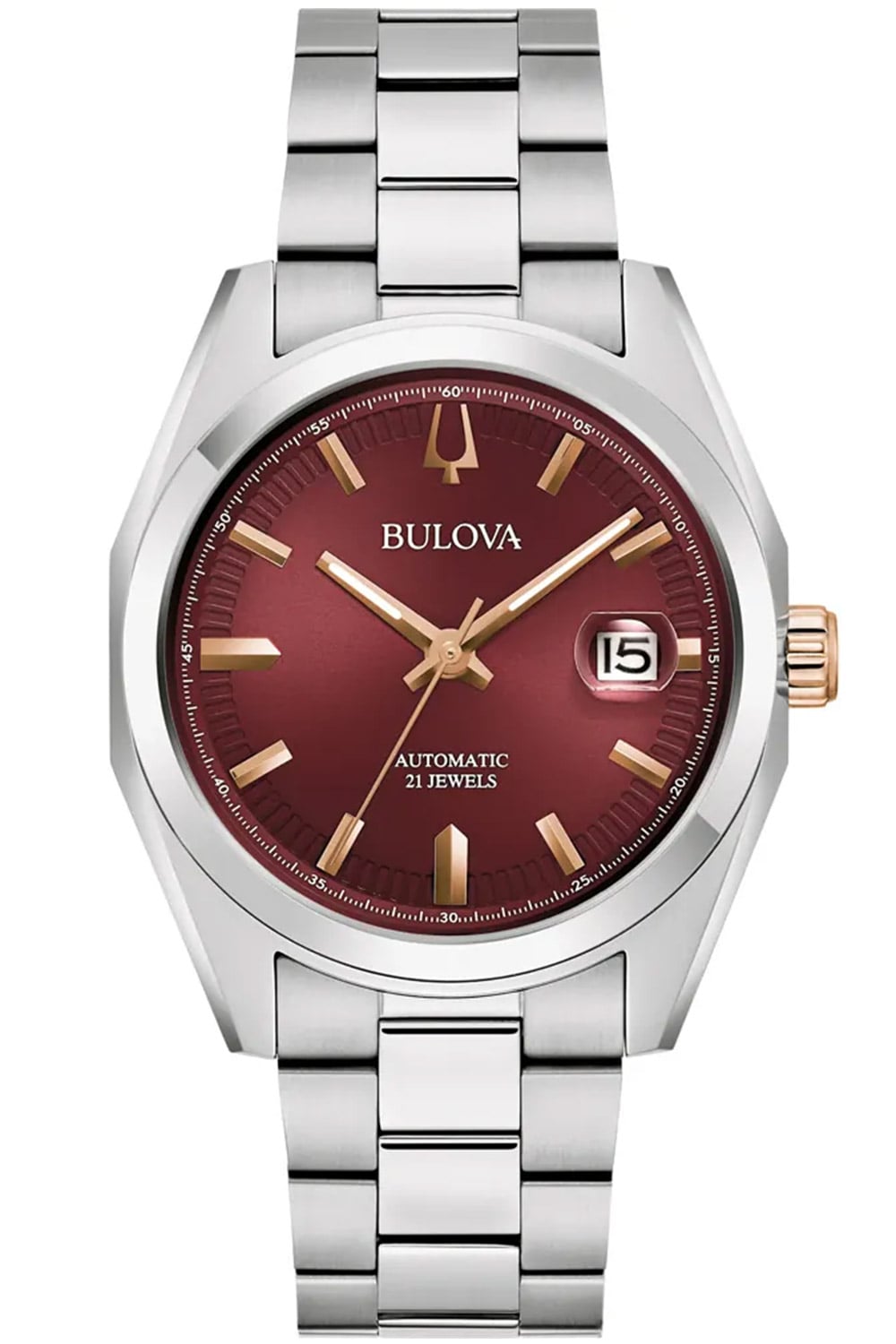 Bulova Automatikuhr mit weinrotem Zifferblatt, goldenen Zeigern und Edelstahlarmband