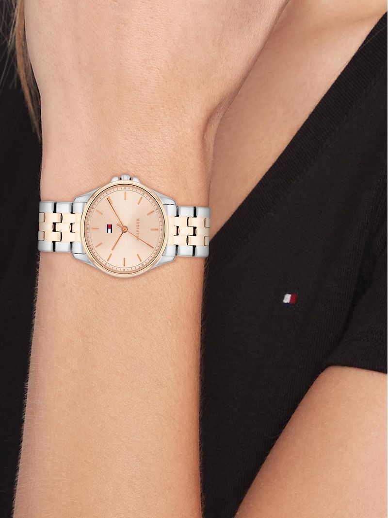 Bicolor-Damenarmbanduhr mit rosafarbenem Zifferblatt und Edelstahlarmband, silber/gold