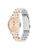 Bicolor-Damenarmbanduhr seitlich: rosafarbenes Zifferblatt, silbernes Edelstahlband mit goldenen Gliedern
