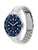 Silberne Edelstahl-Armbanduhr, seitliche Ansicht mit blauem Zifferblatt und Drückern