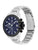 Tommy Hilfiger Herrenuhr seitlich: silbernes Metallgehäuse, blaues Zifferblatt, Chronograph-Details