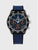 Armbanduhr mit schwarzem Zifferblatt, roten Akzenten und blauem Textilarmband