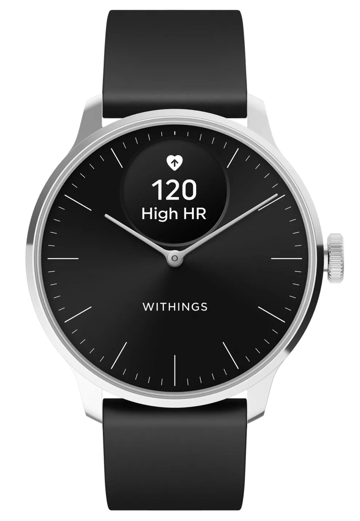 Withings ScanWatch Light Hybrid-Smartwatch mit schwarzem Silikonarmband und silbernem Gehäuse